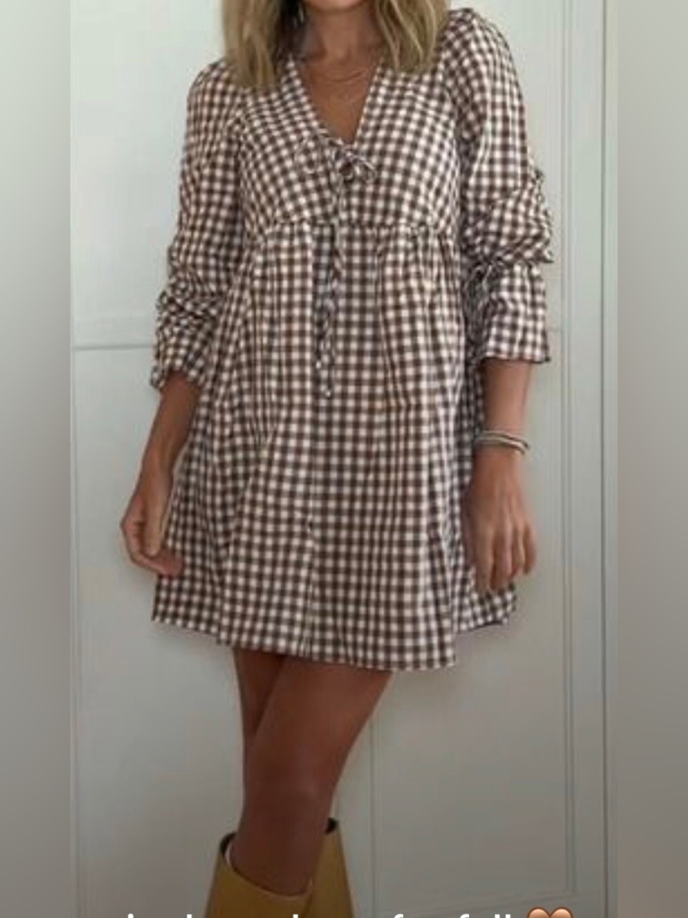 Brown & White Gingham Tunic Babydoll Dress with Pockets